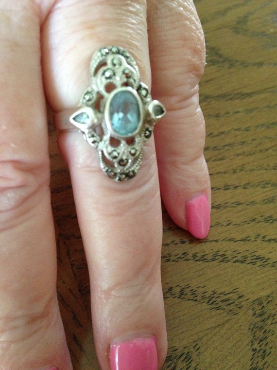 Sterling Silver Blue Topaz  and Marcasite Ring - image 2