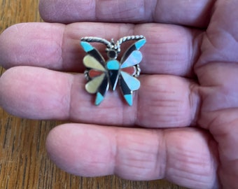 Zuni old Pawn Silver Butterfly Turquoise Onyx and Mother of Pearl Inlay Pin or Pendant