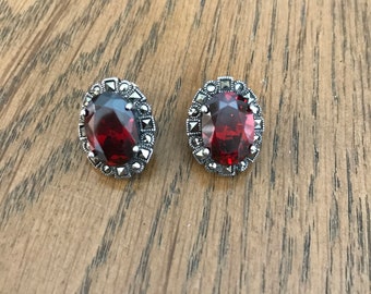 Sterling Silver Red Zircon and Marcasite Stud Earrings