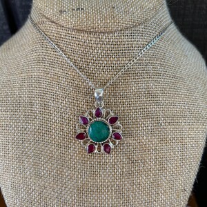 Sterling Silver Ruby and Emerald Pendant Necklace 16”