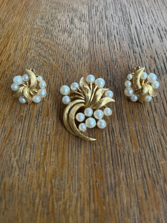 Trifari Gold and Pearl Costume Brooch and Clip Ear