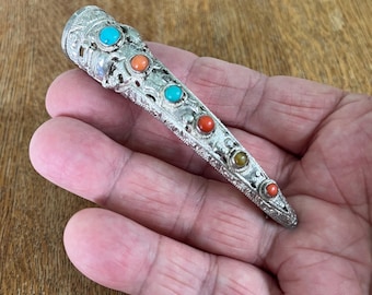 Chinese Silver Turquoise, Tiger eye,  Coral Finger Cover Brooch