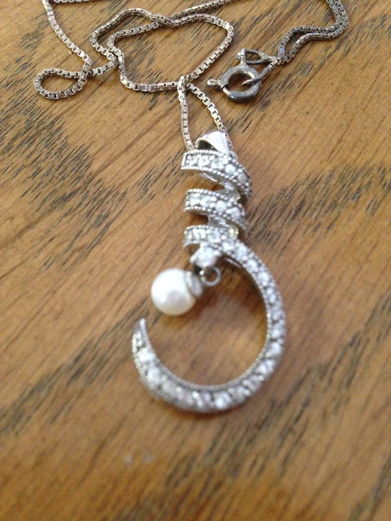 Sterling Silver Pearl and White Stones Pendant Ne… - image 1
