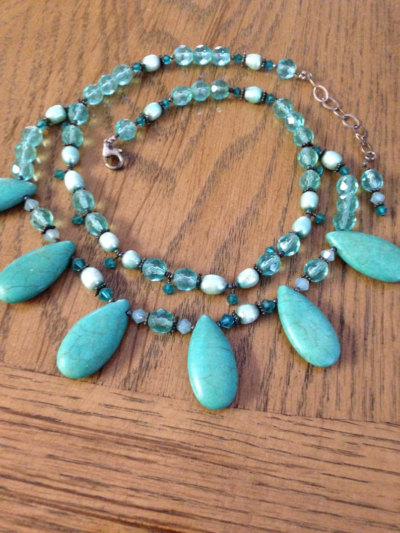 Turquoise and Freshwater Pearl Blue Beaded Necklace