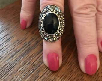 Sterling Silver Onyx and Marcasite Ring