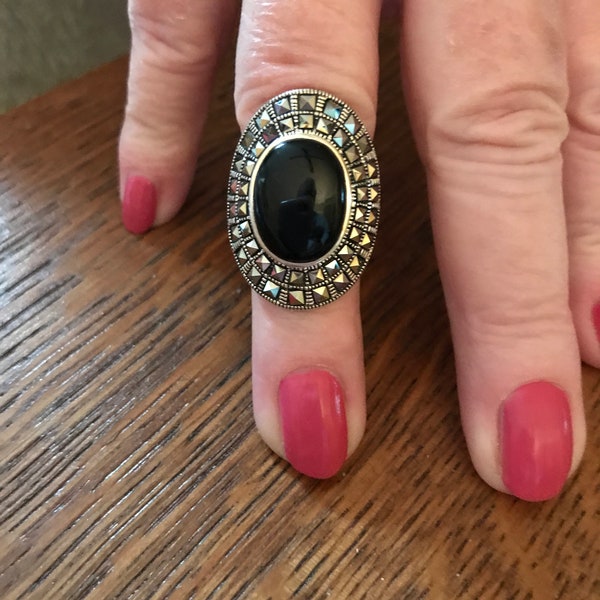 Sterling Silver Onyx and Marcasite Ring