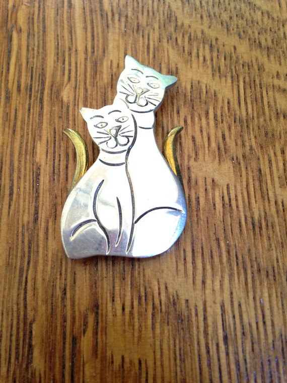 Sterling Silver and Brass Pair of Cats Pin