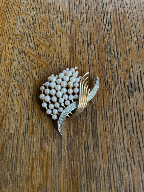 Trifari Costume Brooch of Faux Gold, Pearls and Rh