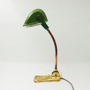 Antique 1920s Bankers Lamp Brass Stand and Green Shade Working