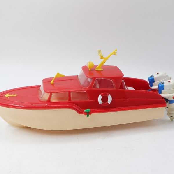 Vintage Mehanotehnika Izola Plastic Toy Boat Twin Motors Battery Operated Made in Yugoslavia Red and White FREE SHIPPING