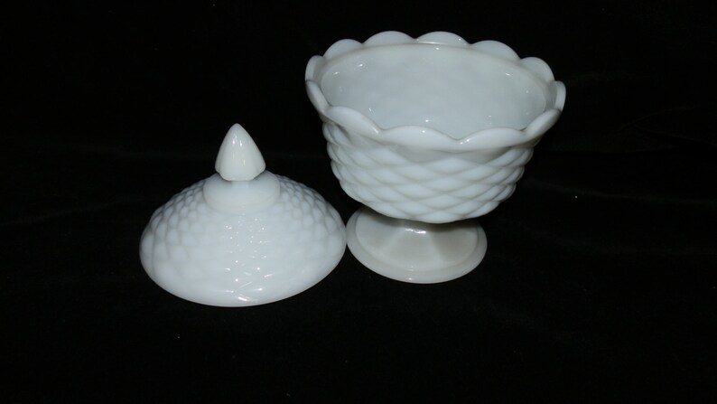 Candy Dish Indiana Glass Vintage Scalloped Diamond Point Pedestal Covered Milk Glass