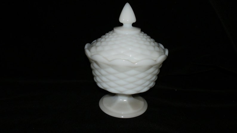 Candy Dish Indiana Glass Vintage Scalloped Diamond Point Pedestal Covered Milk Glass