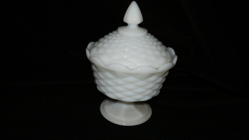Candy Dish Indiana Glass Vintage Scalloped Diamond Point Pedestal Covered Milk Glass