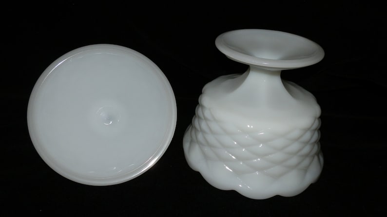 Candy Dish Indiana Glass Vintage Scalloped Diamond Point Pedestal Covered Milk Glass