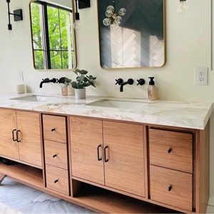 Handmade Mid-Century Modern 96&quot; Dual Sink Bathroom Vanity: USA Made