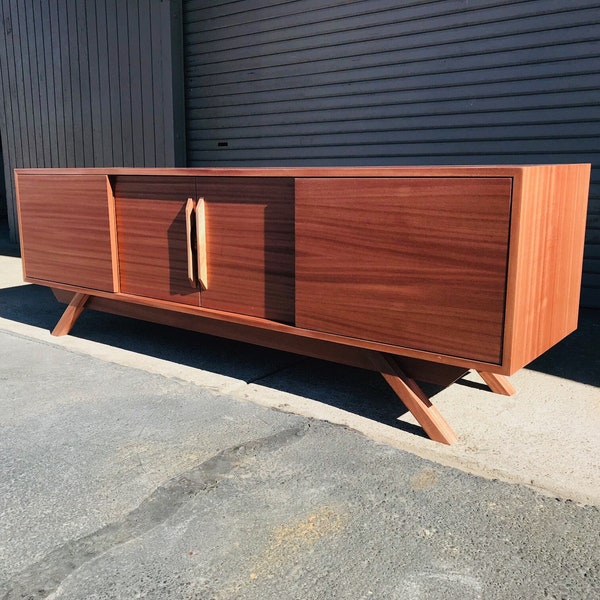 NEW Hand Built Mid Century Style TV Stand / Buffet / Credenza. Low Profile Mahogany 4 Door with Angled Leg Base!