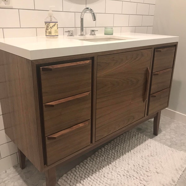 48" Mid Century Bathroom Vanity Cabinet - Single Sink, 1 Door, 6 Drawers - Customize to Your Unique Style - For New Home Build or Remodel