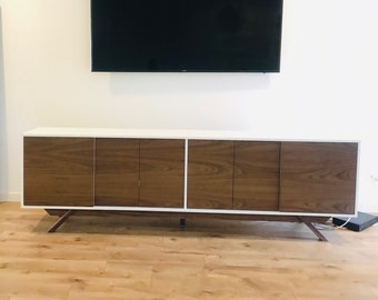 96" TV Console/ Credenza/ Buffet - Mid-Century Style Two Tone in White & Walnut