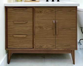 36" Mid Century Bathroom Vanity Cabinet - Right Offset Single Sink, 2 Doors, 3 Drawers - Customize to Your Unique Style