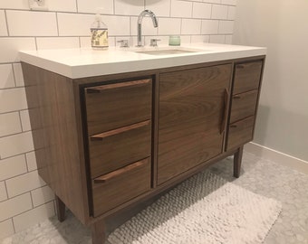 48" Mid Century Bathroom Vanity Cabinet - Single Sink, 1 Door, 6 Drawers - Customize to Your Unique Style - For New Home Build or Remodel
