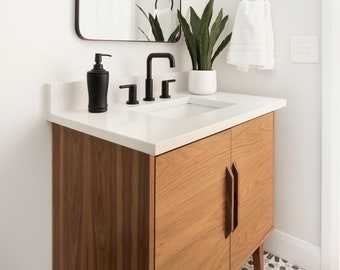 Handmade Mid Century Wood Bathroom Vanity: 30&quot; Single Sink Cabinet