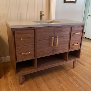 Handmade Mid Century 48" Bathroom Vanity Cabinet, Single Sink 2 Door 4 Drawer with Towel Storage, USA Made