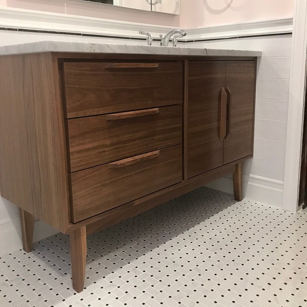 42" Mid Century Bathroom Vanity Cabinet - Right Offset Single Sink, 2 Doors, 3 Drawers - Customize to Your Unique Style