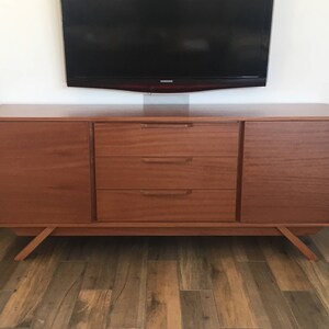 NEW Hand Built Mid Century Style Buffet / Credenza / TV Stand / Dresser. Mahogany 3 Drawer and 2 Door Angled Leg Base image 1