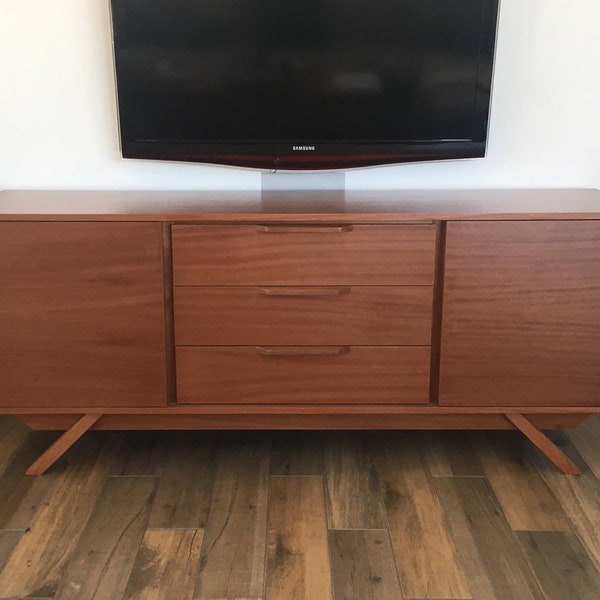 NEW Hand Built Mid Century Style Buffet / Credenza / TV Stand / Dresser. Mahogany 3 Drawer and 2 Door ~ Angled Leg Base!