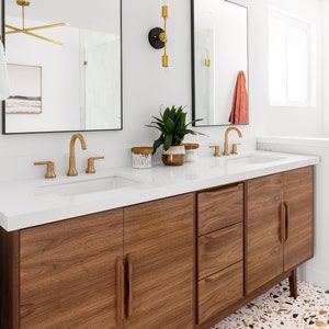 Handmade Mid Century 72" Custom Wood Bathroom Vanity Cabinet, Dual Sink 4 Door 3 Drawer, USA Made
