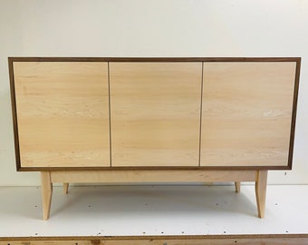 60" TV Console/ Credenza - Mid Century Style in Two Tone Walnut & Maple