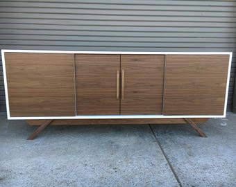 FREE SHIPPING~ NEW Hand Built Mid Century Inspired Buffet / Credenza. White & Walnut four door with angled leg base.