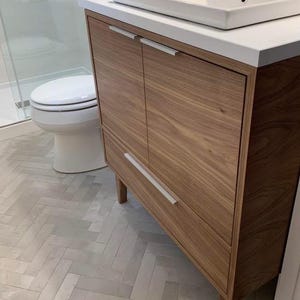 Handmade Mid Century Wood Bathroom Vanity: Dual Sink, USA Made
