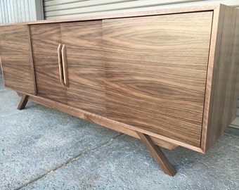 FREE SHIPPING ~ NEW Hand Built Mid Century Style Buffet / Credenza. Walnut four door with angled leg base.