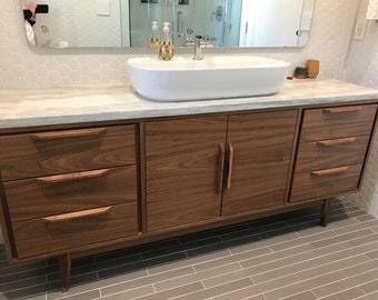 72" Mid Century Bathroom Vanity Cabinet - Single Sink, 2 Doors, 6 Drawers - Customize to Your Unique Style - For New Home Build or Remodel