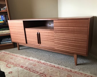 NEW Hand Built Mid Century Inspired Buffet / Credenza / TV Stand. Mahogany four door & Shelf Area with straight leg base.