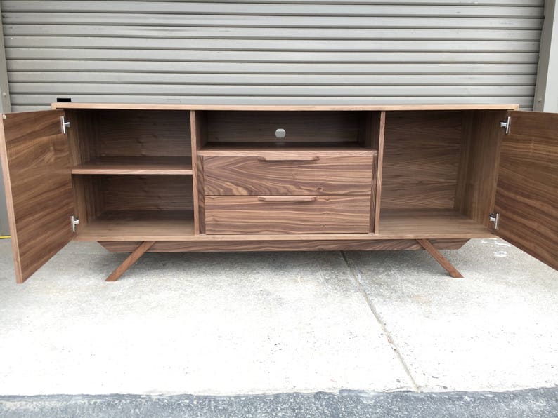 FREE SHIPPING New Hand Built Mid Century Style TV Stand / Buffet / Credenza. Walnut 2 Drawer and 2 Door with Angled Leg Base image 5