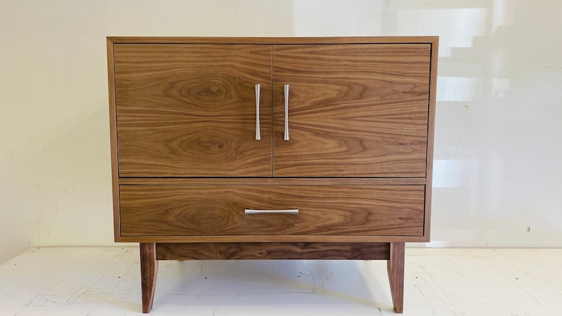 NEW Hand Built Mid Century Style Double Door Buffet / Entry Cabinet in Walnut Straight Leg Base FREE SHIPPING image 1