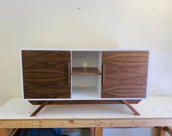 FREE SHIPPING~ NEW Hand Built Mid Century Inspired Buffet / Credenza. White & Walnut four door with angled leg base.