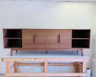 96" TV Console/Credenza/ Buffet with Shelves - Mid-Century Style in Walnut