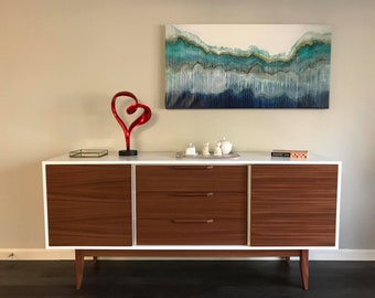 FREE SHIPPING ~  Hand Built Mid Century Inspired Buffet / Credenza / TV Stand ~White & Mahogany 3 Drawer / 2 Doors ~Straight Leg Base!