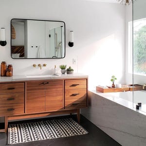 Custom Mid-Century Modern 60” Wood Bathroom Vanity, Single Sink, 2 Doors, 6 Drawers, Handcrafted in USA