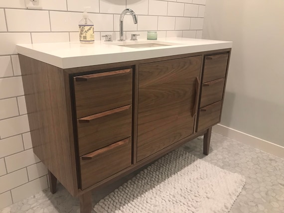 Mid Century Style 6' Bathroom Vanity Cabinet in Walnut Angled Leg Base Free  Shipping 