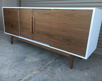 NEW Hand Built Mid Century Style Buffet / Credenza. White & Walnut four door with straight leg base ~ FREE SHIPPING!