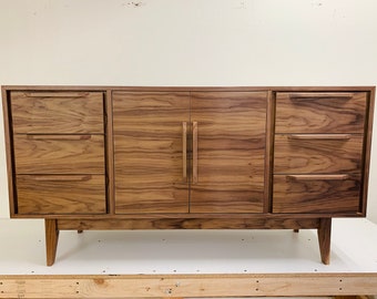 NEW Hand Built Mid Century Style Credenza / Buffet / Bathroom Vanity -  Walnut 60" 6 Drawer with Double Door in Center - Free Shipping!