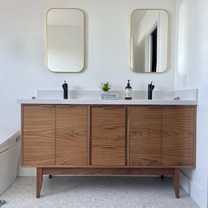 Handmade Mid Century Modern Wood Bathroom Vanity: Dual Sink, USA Made