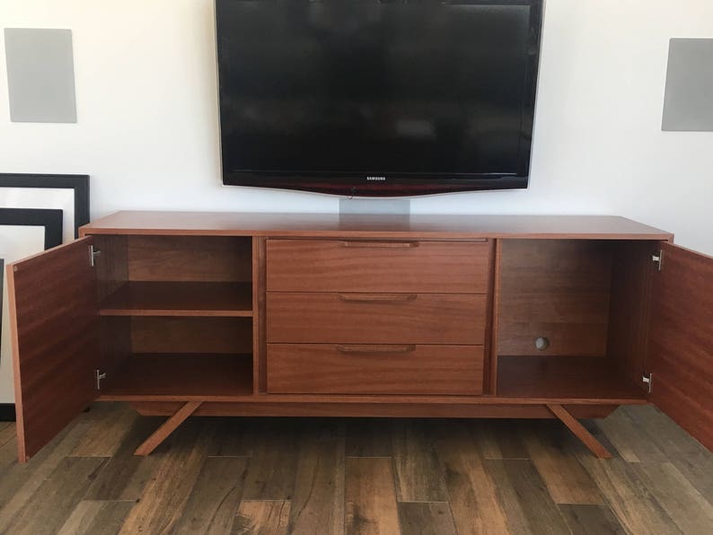 NEW Hand Built Mid Century Style Buffet / Credenza / TV Stand / Dresser. Mahogany 3 Drawer and 2 Door Angled Leg Base image 3