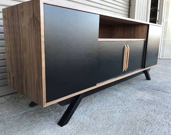 NEW Hand Built Mid Century Style TV Stand / Buffet / Credenza / TV Console. Walnut & Black 4 Door with Shelf - angled leg.