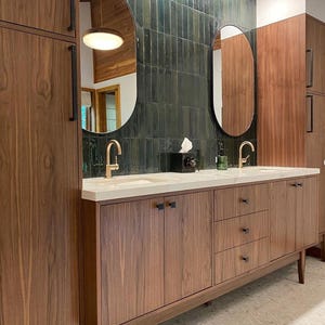 Handmade Mid Century 84&quot; Custom Wood Bathroom Vanity Cabinet, Dual Sink 4 Door 3 Drawer, USA Made