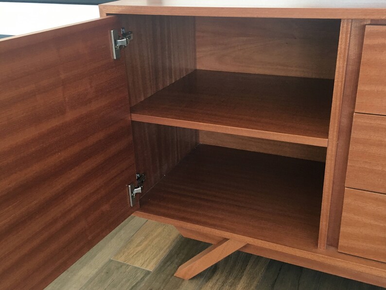 NEW Hand Built Mid Century Style Buffet / Credenza / TV Stand / Dresser. Mahogany 3 Drawer and 2 Door Angled Leg Base image 4